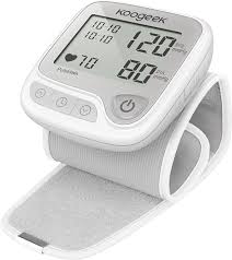 A white digital wrist blood pressure monitor with a curved arm cuff, shown on a plain white background.