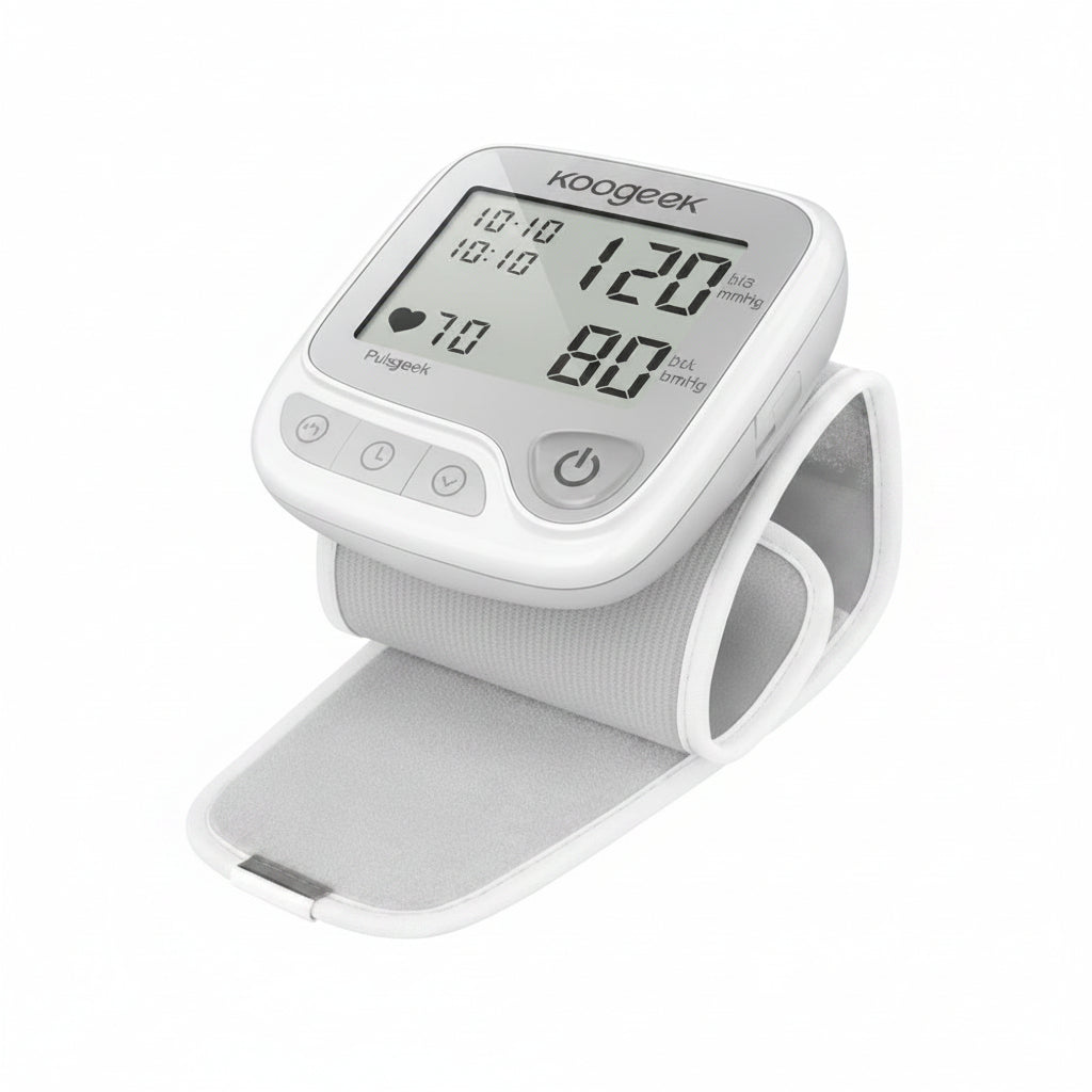 A white digital wrist blood pressure monitor with a curved arm cuff, shown on a plain white background.