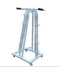 A blue metal dumbbell rack with 10 levels, featuring a sturdy construction with steel pipes and a padded support at the top for resting hands.
