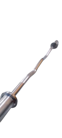 A silver-colored barbell rod with a black and white head, against a plain background.