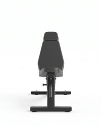 A black adjustable weight bench with a padded seat and backrest, shown from a front-facing perspective on a clean white background.