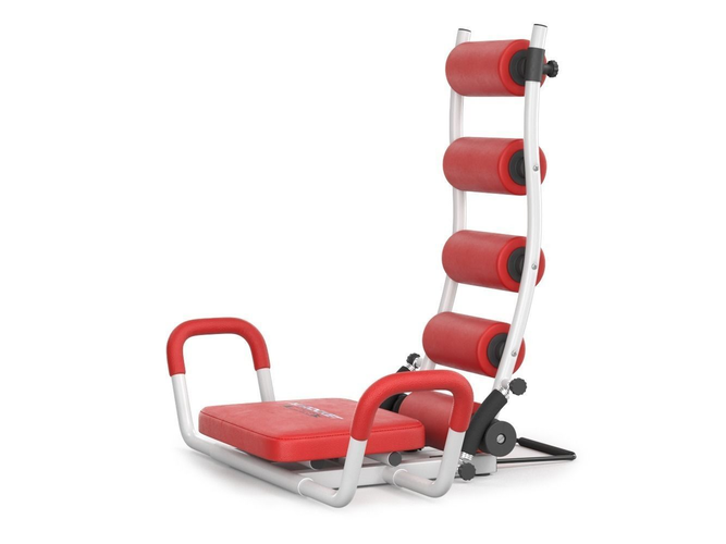 Red and white Pilates reformer exercise machine with a padded seat, curved support frame, and four vertical roller bars, shown on a plain white background.