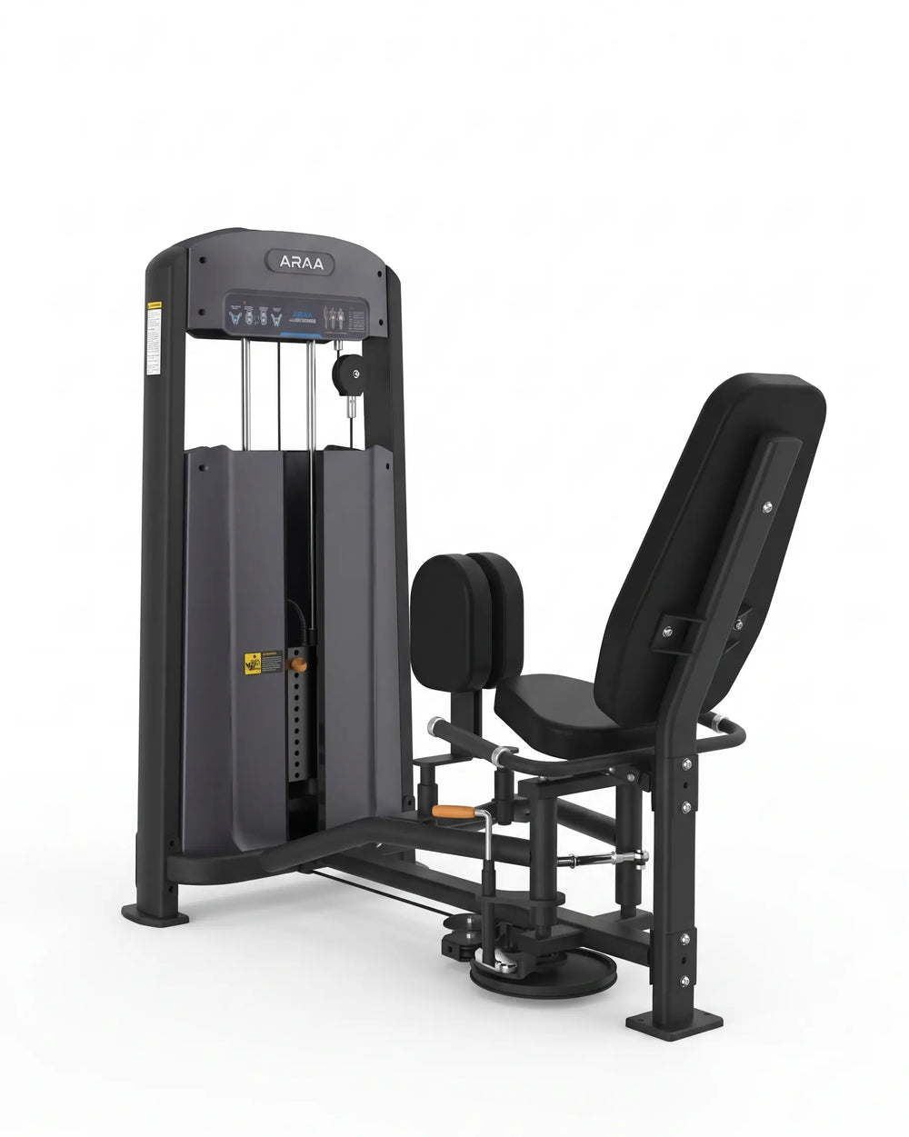 An hip abductor machine gym machine in black and dark gray, shown from a three-quarter angle on a solid white background.