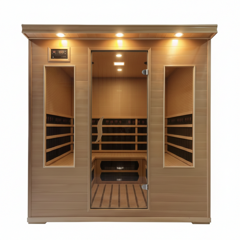 A wooden indoor sauna cabin shown front-facing on a white background, with dimension labels indicating 190 cm height, 180 cm width, and 120 cm depth. The cabin has a warm light wood finish, glass front door, interior shelves, and overhead lights.