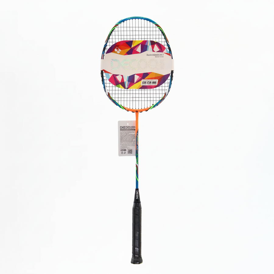 Colorful badminton racket with a brand label on a white background