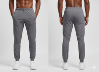 Gray sweatpants shown from front and back on a white background