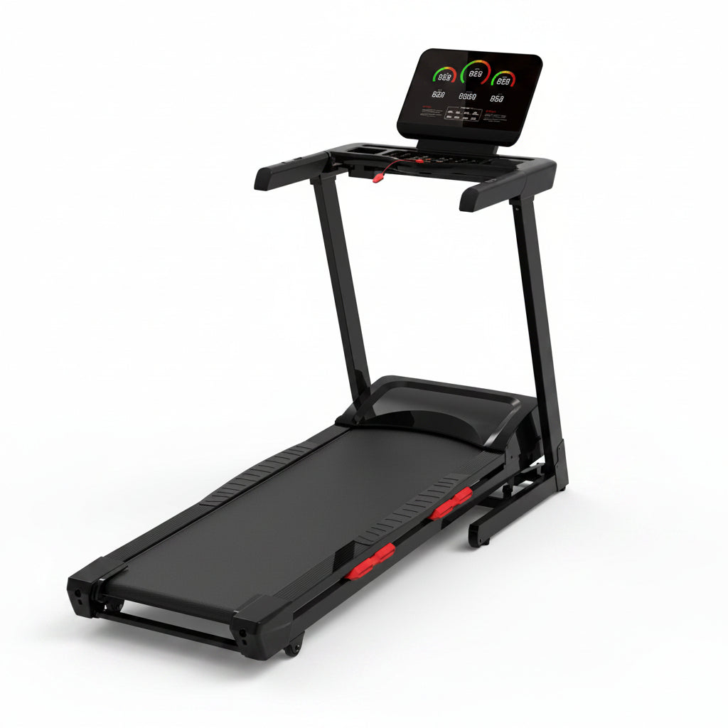 Black treadmill with a digital display on a white background