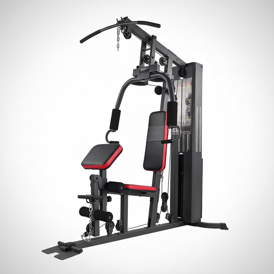 Gym machine with red accents on a white background