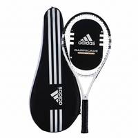 An Adidas branded lawn tennis racket with a black and white color scheme, showing both the racket itself and the accompanying black bag.