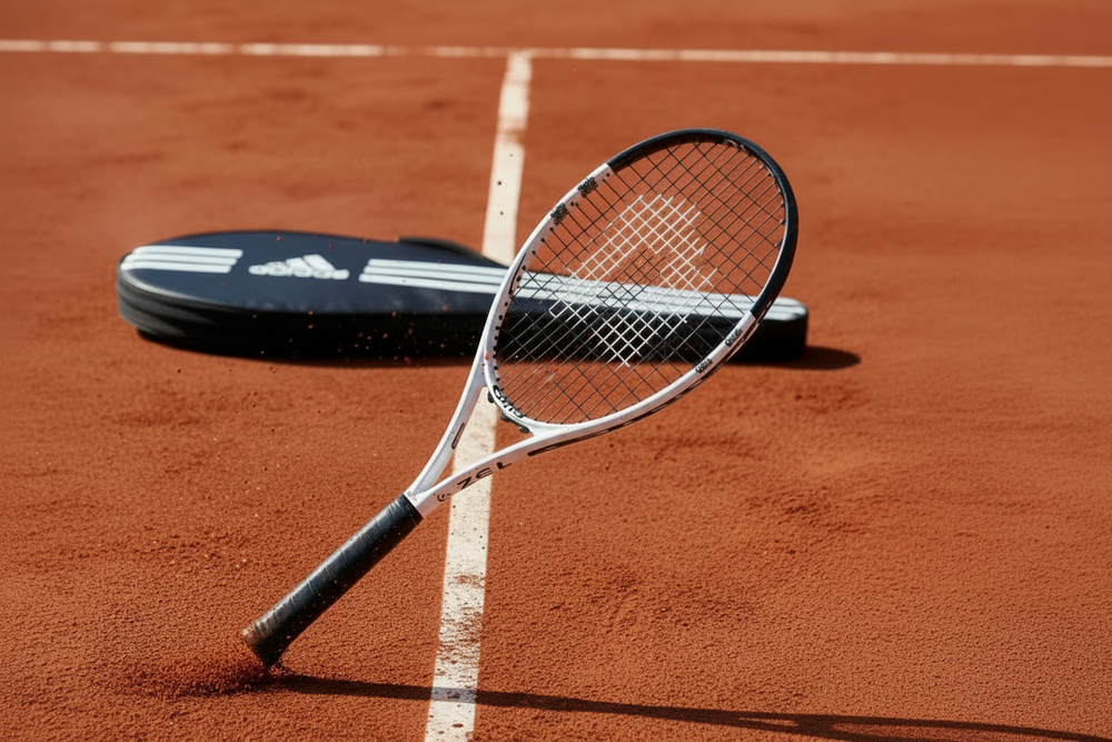 A tennis racket strikes a yellow tennis ball on a clay tennis court, with a black Adidas shoe lying in the background.
